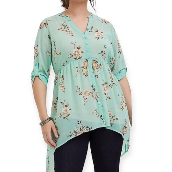 Torrid Floral Chiffon Hi- Low Baby Doll Tunic Blouse - Picture 2 of 5